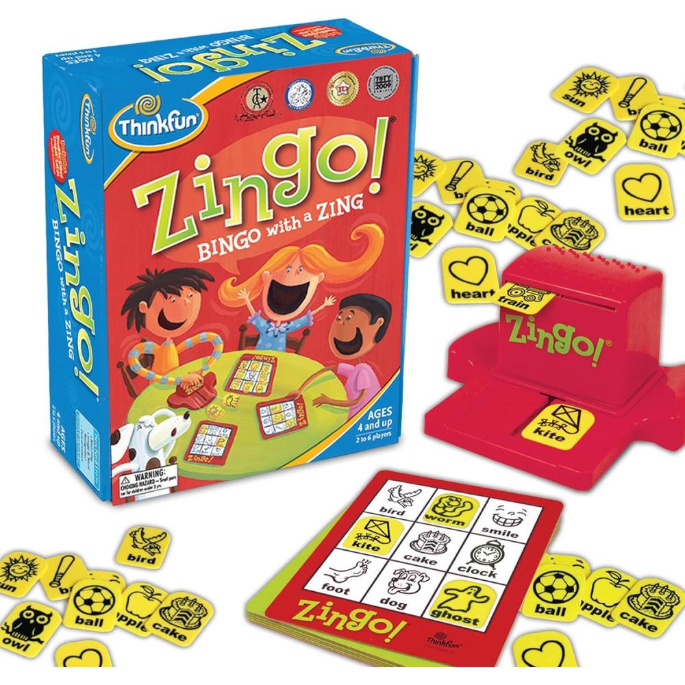 imageThinkFun Zingo Bingo Award Winning Preschool Game for PreReaders and Early Readers Age 4 and Up One of the Most Popular Board Games for Boys and Girls and their Parents 97700ThinkFun Zingo Bingo Unique PreReading Game for Kids Boosts Language Matching Skills Fun for Classroom Home Amazon Exclusive with Extra Zingo Card