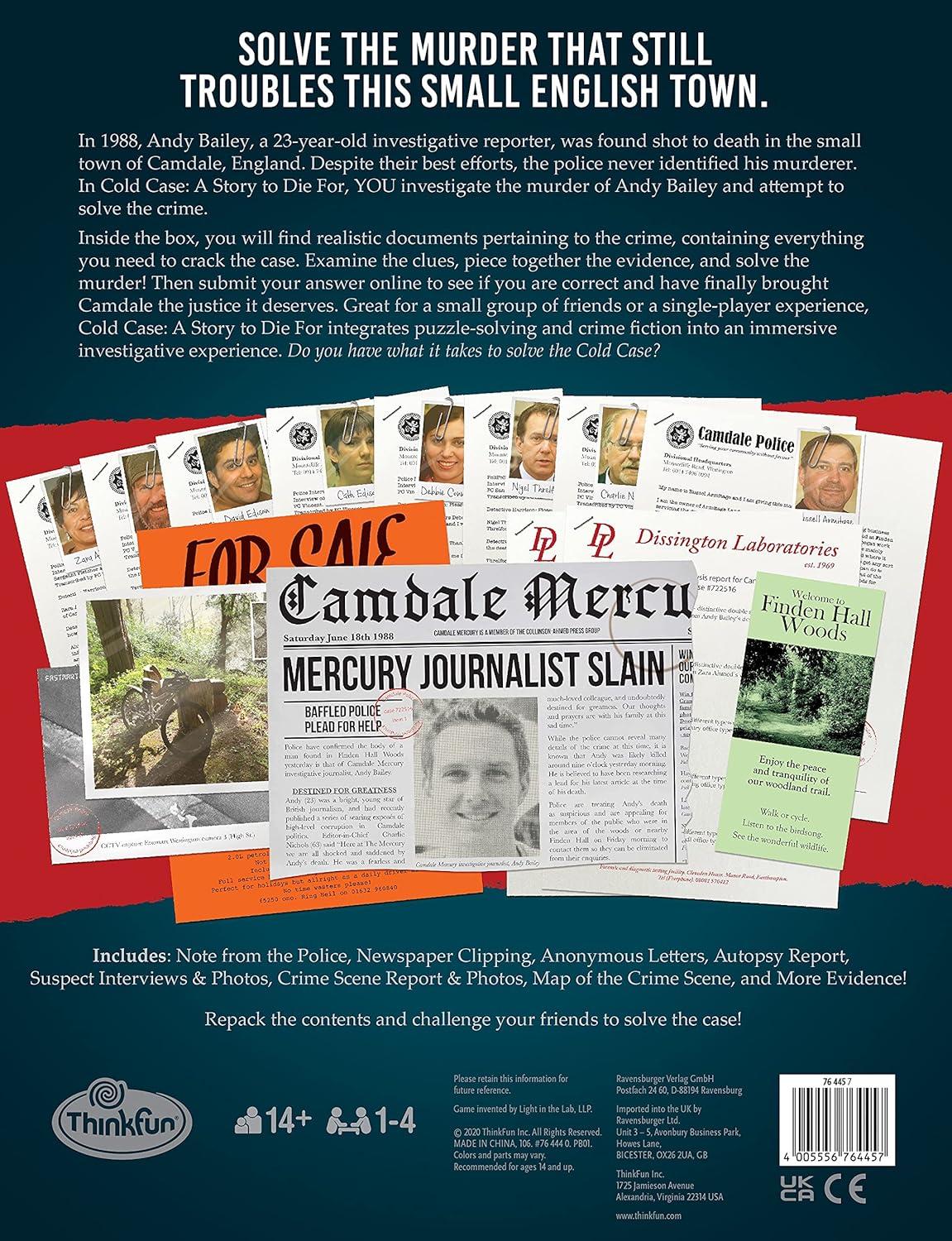 imageThinkFun Cold Case A Story to Die for Interactive Murder Mystery Game Engaging Storyline BrainTeasing Puzzles Ideal for Teens and Adults Perfect for Group Play
